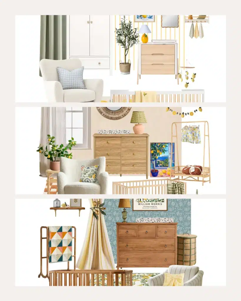Lemon themed nursery ideas moodboard featuring three family interiors styles with cots, nursing chairs, rugs, blankets, baskets and soft lemon-inspired decor.