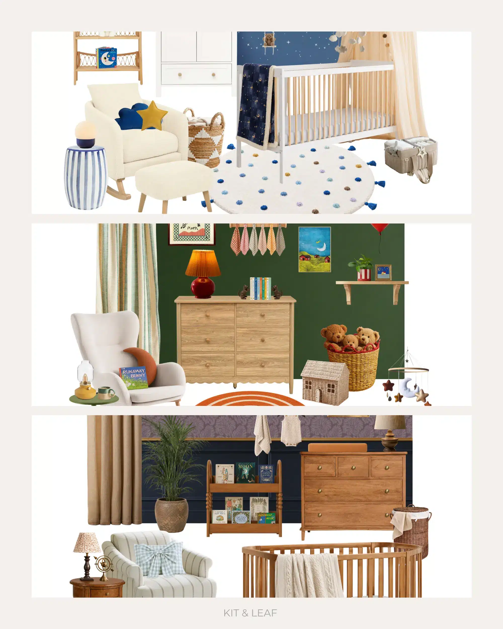 Moon and stars nursery ideas mood board showing three baby room designs, including classic moon and stars, Goodnight Moon inspired and vintage celestial nursery styles with cots, rugs, wall art and cosy nursery furniture.