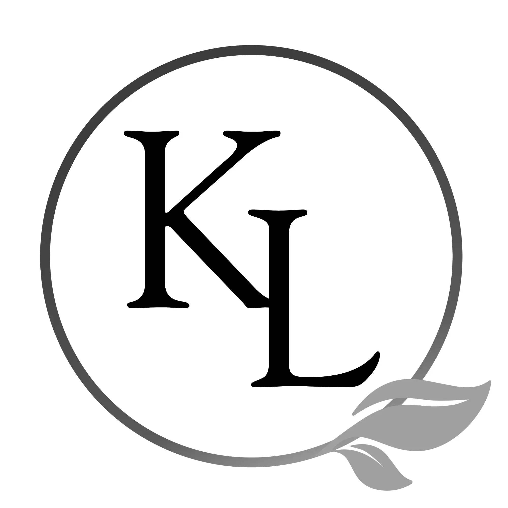 Kit & Leaf monogram logo with overlapping K and L initials inside a circle with grey leaves.