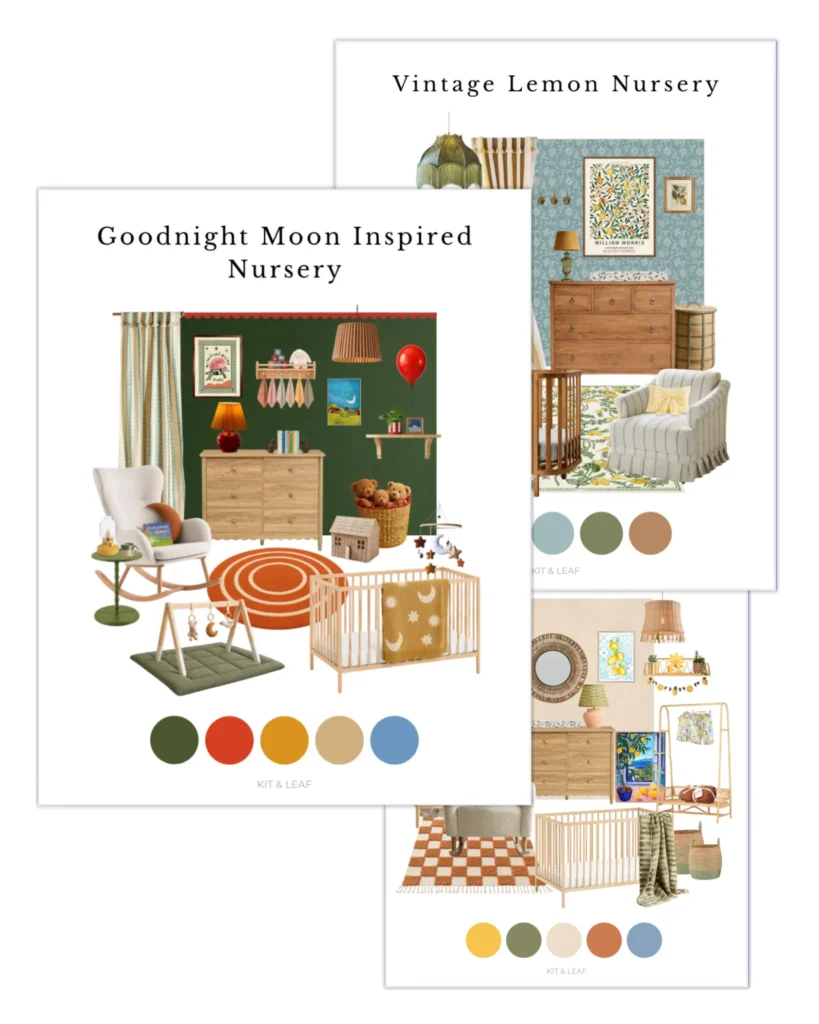 Nursery design moodboards by Kit & Leaf featuring themed children's room ideas, colour palettes, furniture selections and family-friendly interior styling concepts.