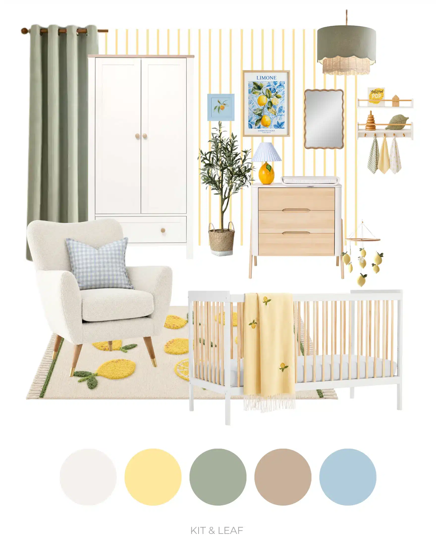 Classic lemon nursery ideas moodboard with a white cot, lemon-print blanket, cream nursing chair, yellow striped wallpaper, sage green curtains, wooden dresser and lemon-themed wall art. At the bottom is a row of five coloured circles with suggested shades for the room's palette: warm white, lemon cream, muted sage green, natural beige and soft sky blue.