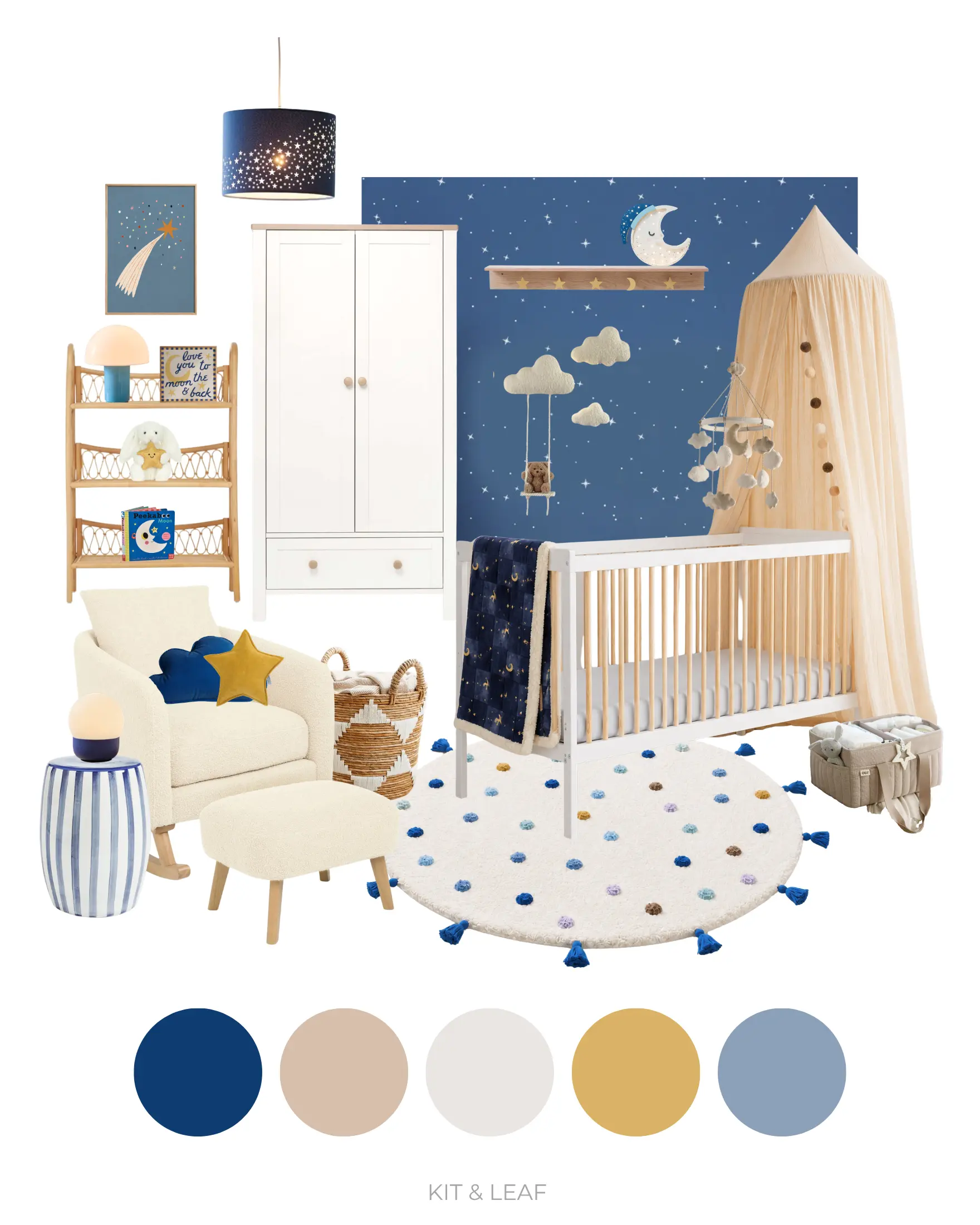 Classic moon and stars nursery mood board with soft blue walls, a wooden cot, cream nursing chair, moon and star decor, muted gold accents, a tassled rug and gentle neutral nursery furniture.