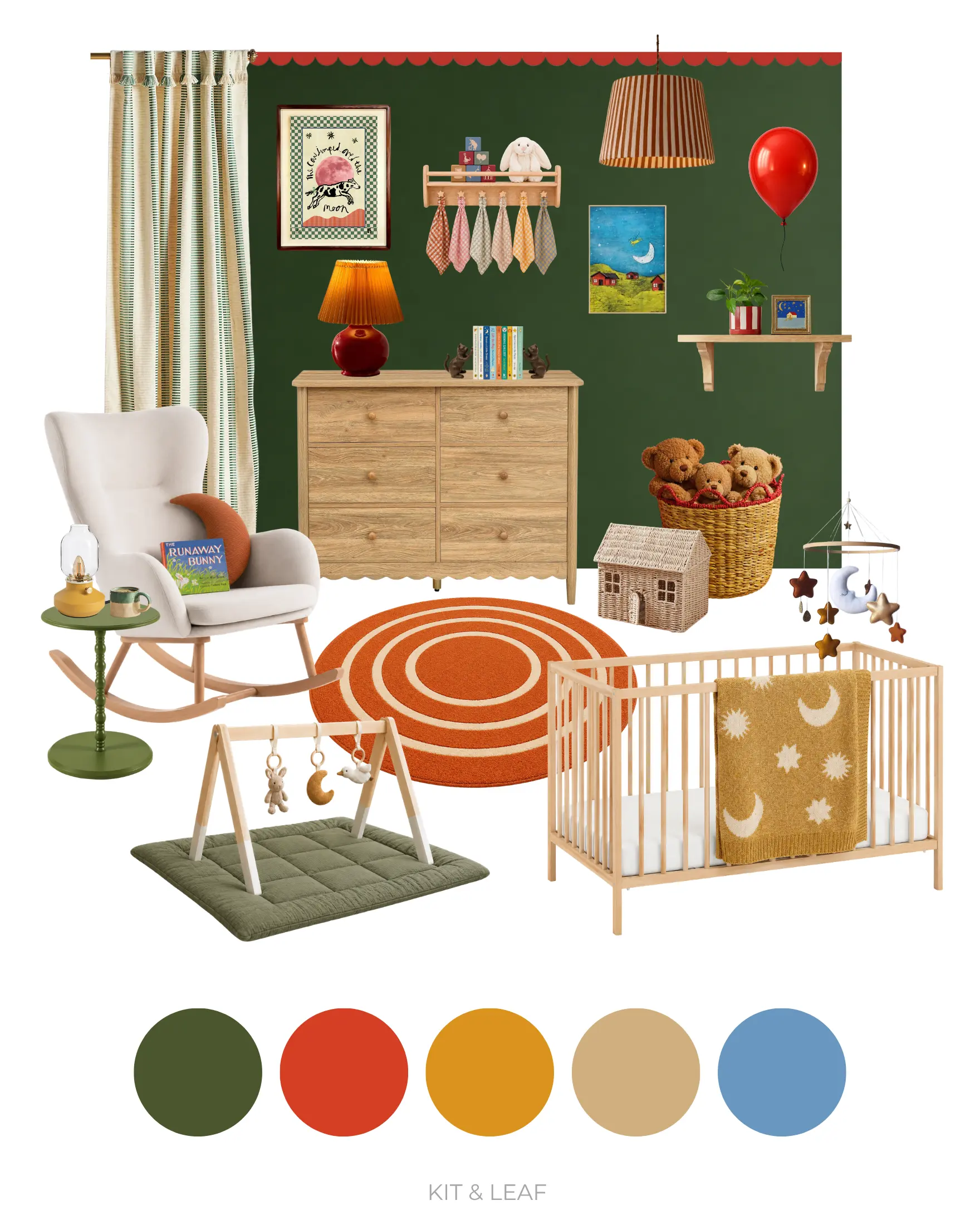 Goodnight Moon inspired nursery mood board with deep green walls, red scalloped trim, a wooden cot, mustard lamp, moon and stars artwork, children’s books, soft textiles and warm vintage nursery details.