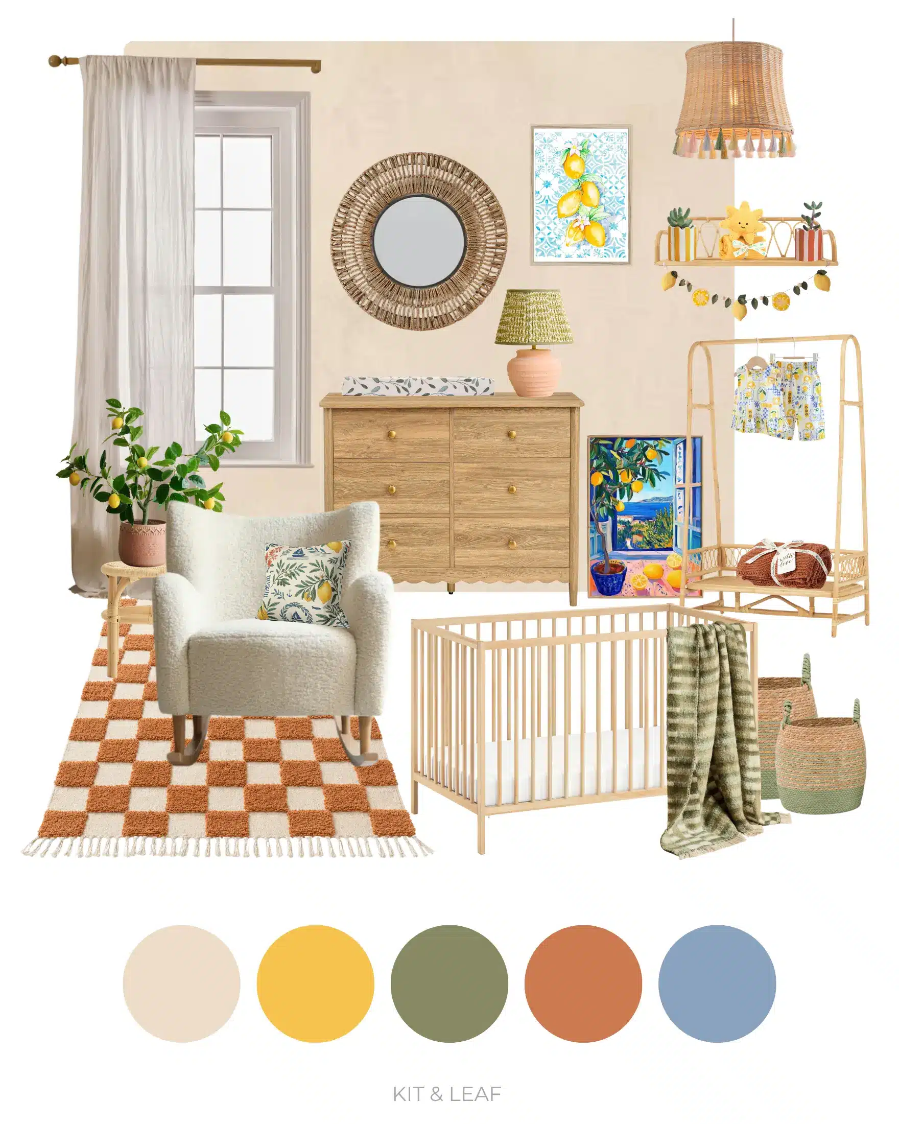 Mediterranean lemon nursery ideas moodboard with a natural wood cot, boucle nursing chair, lemon tree, woven lighting, rattan accents, terracotta checkerboard rug and lemon-themed wall art. At the bottom, a row of five colour swatch circles indicate the suggested colour palette for the room: warm linen, golden lemon, olive green, terracotta, dusty blue.