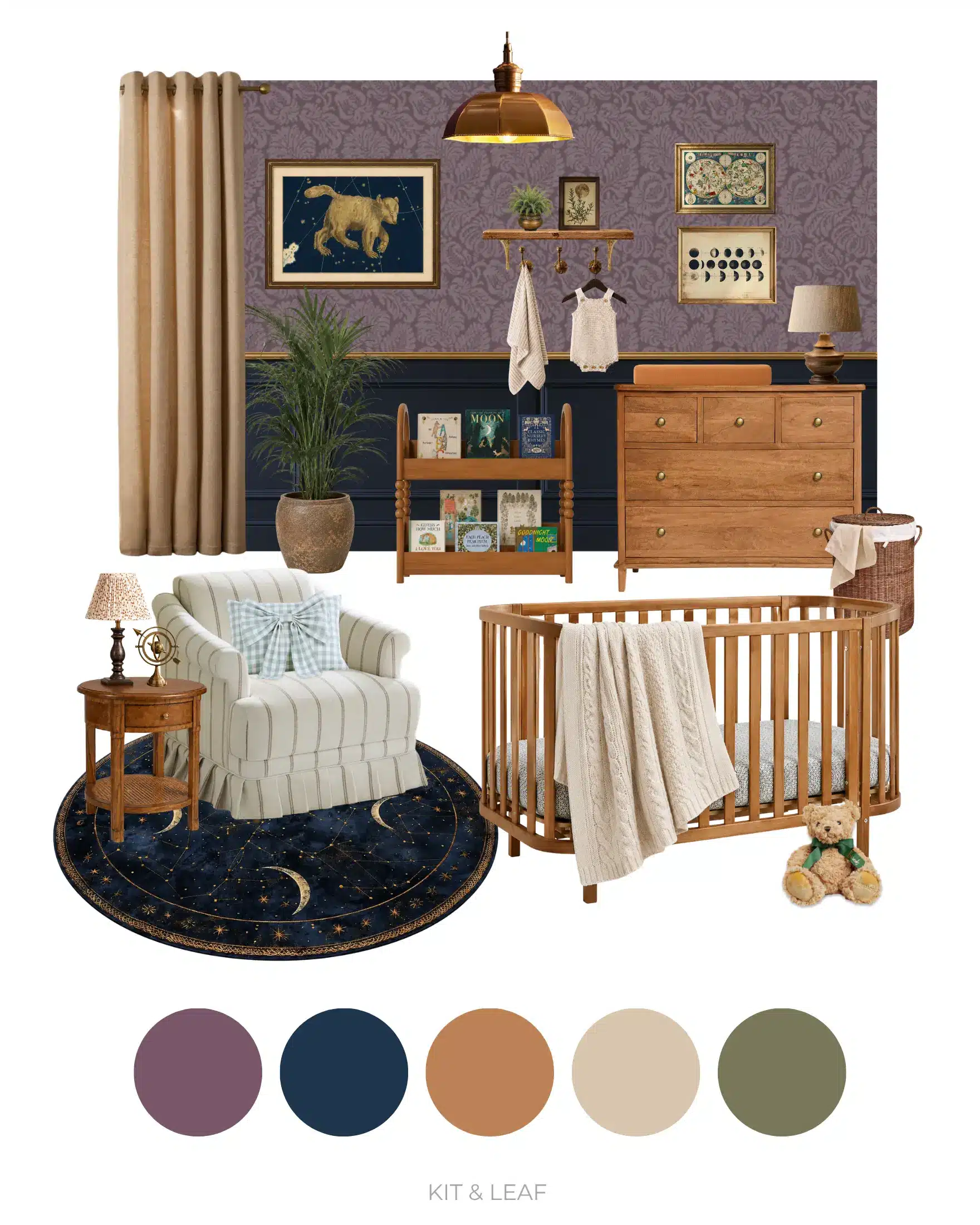 Vintage celestial nursery mood board with a warm wooden cot, cream striped nursing chair, starry navy rug, purple damask wallpaper, antique-style dresser, celestial wall art, brass accents, bookshelves, greenery, navy wainscoting and soft oatmeal textiles.