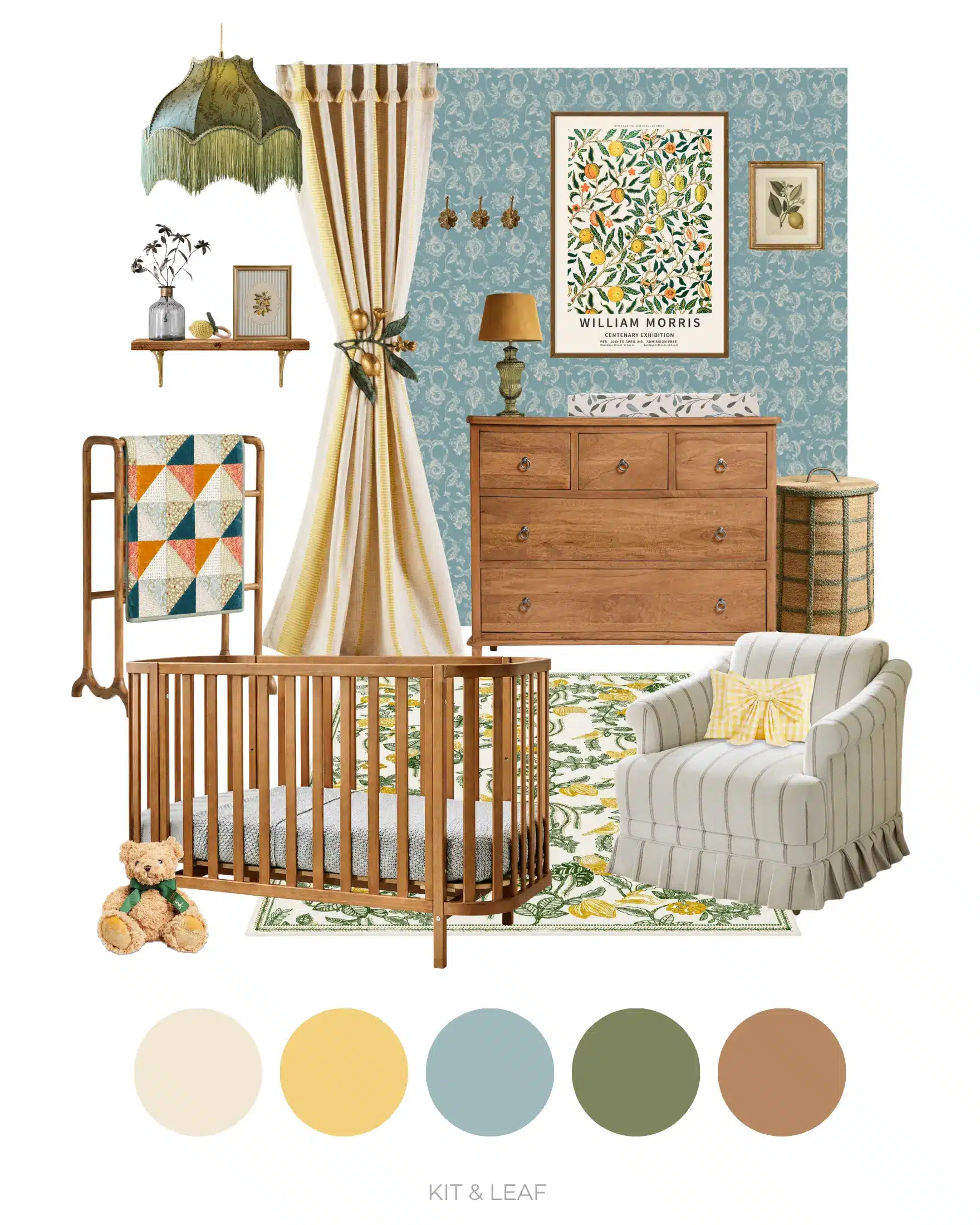 Vintage lemon nursery ideas moodboard with a wooden oval cot, blue floral wallpaper, striped nursing chair, antique-style dresser, yellow curtains, lemon rug and William Morris-inspired wall art. Along the bottom, a row of five colour swatch circles indicate the suggested colour palette for the room: soft parchment, pale lemon, muted blue, heritage olive and warm caramel brown.
