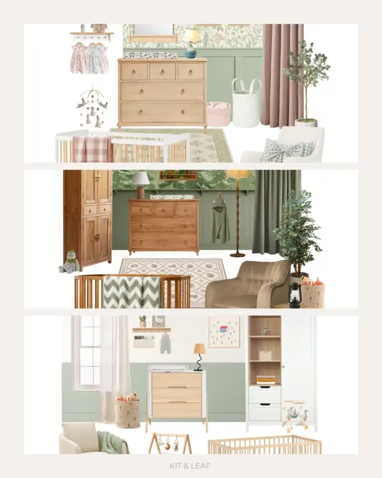Three sage green nursery moodboards featuring ideas for soft floral, woodland adventure and Scandi baby rooms, with natural wood furniture, green wall panelling, patterned wallpaper, neutral rugs and coordinating nursery decor.