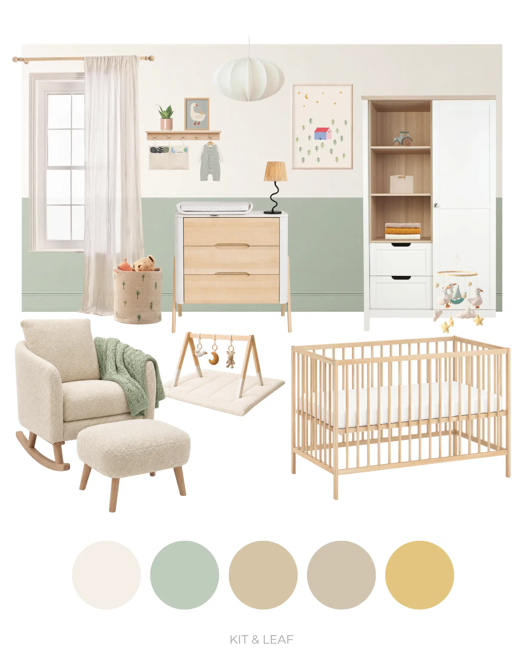 Scandi sage green nursery ideas moodboard with pale green half-painted walls, light wood cot and changing table, white wardrobe, cream rocking chair, natural wood baby gym and neutral yet playful nursery decor.