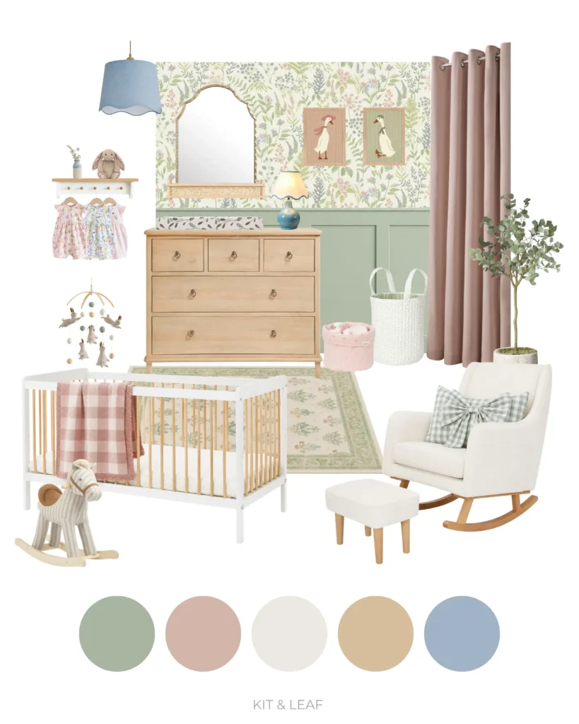 Soft floral sage green nursery ideas moodboard with botanical wallpaper, sage green wall panelling, natural wood dresser, white and wood cot, blush pink curtains, floral rug and pastel blue nursery accents.