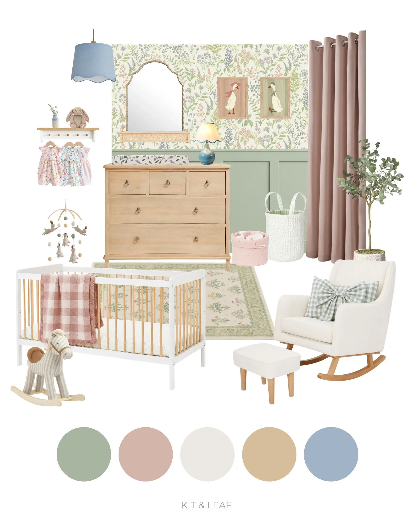 Soft floral sage green nursery ideas moodboard with botanical wallpaper, sage green wall panelling, natural wood dresser, white and wood cot, blush pink curtains, floral rug and pastel blue nursery accents.