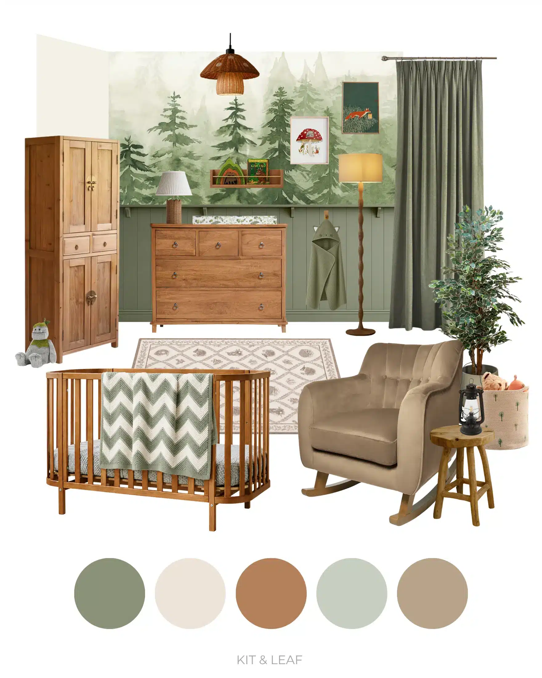 Woodland sage green nursery ideas moodboard with forest mural wallpaper, dark sage green wall panelling, natural wood cot and dresser, green curtains, neutral rug, taupe rocking chair and woodland-themed nursery decor.