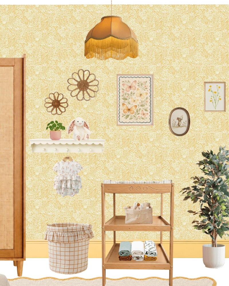 Girl nursery ideas not pink – butter yellow nursery with floral wallpaper, natural wood furniture, scalloped decor and botanical details.