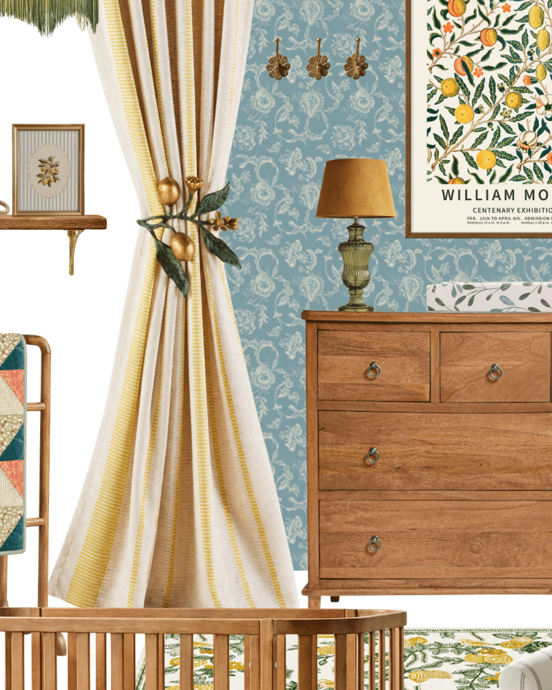 Mediterranean lemon themed nursery moodboard with blue patterned wallpaper, yellow striped curtains, natural wood furniture, citrus artwork and warm vintage-inspired nursery decor.