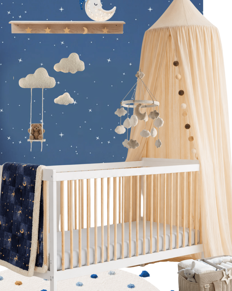 Moon and stars nursery moodboard with deep blue star wallpaper, cream canopy, white and wood cot, celestial mobile, cloud decorations and cosy night sky nursery styling.