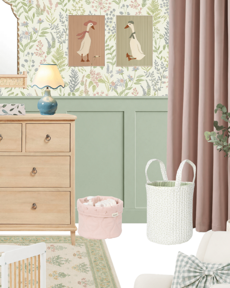 Soft floral sage green nursery moodboard with botanical wallpaper, sage green wall panelling, blush pink curtains, natural wood dresser and calming, coordinating nursery decor.