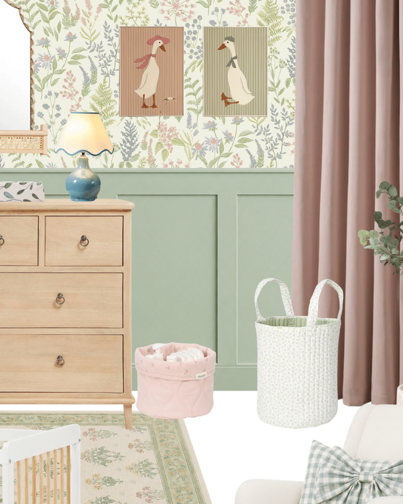 Soft floral sage green nursery moodboard with botanical wallpaper, sage green wall panelling, blush pink curtains, natural wood dresser and calming, coordinating nursery decor.