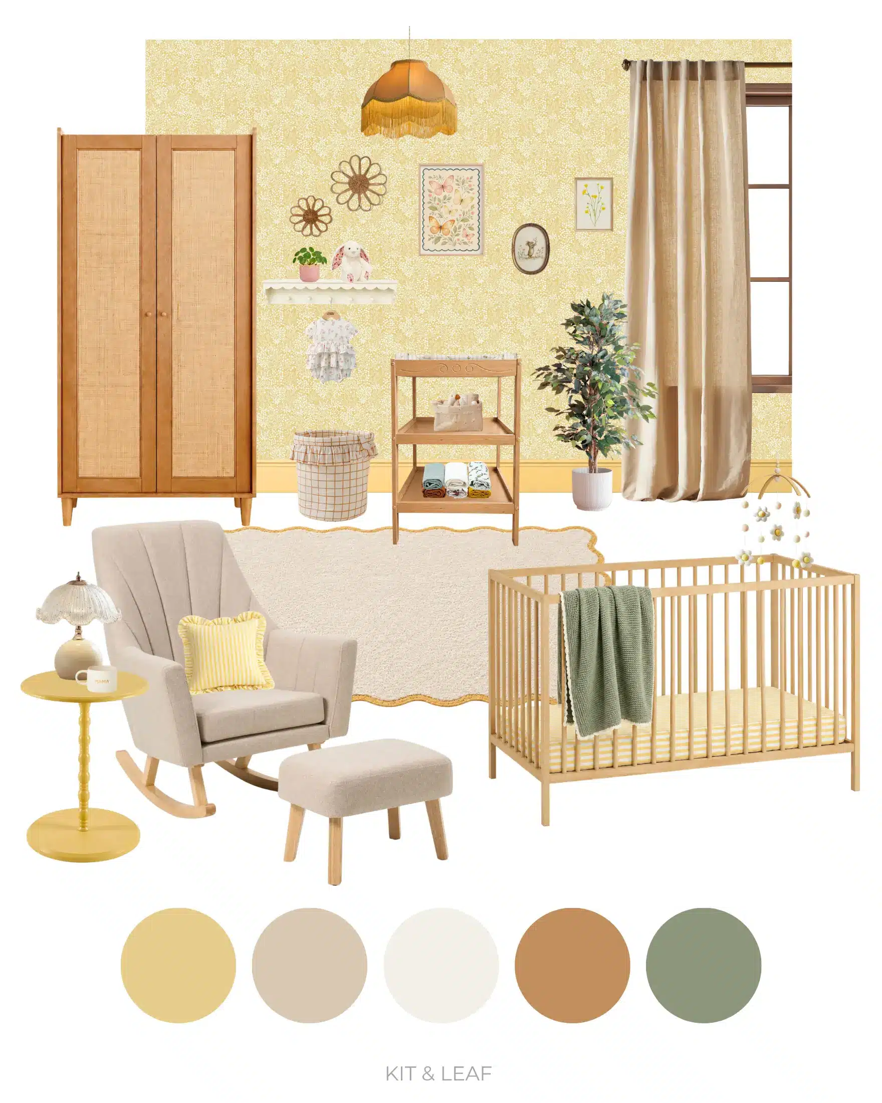 Girl nursery ideas not pink – butter yellow nursery moodboard with warm wood furniture, sage green accents and soft neutral decor.