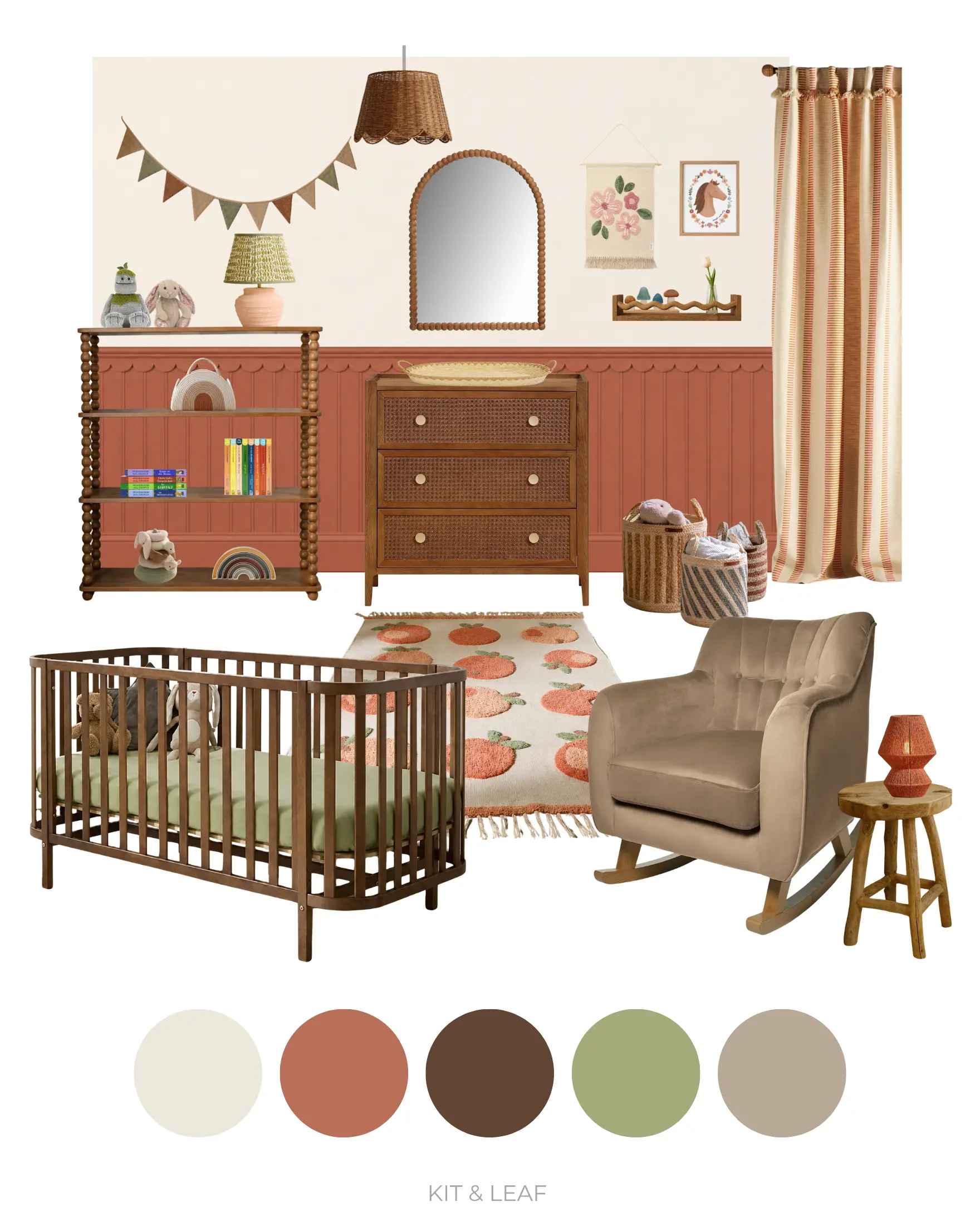 Girl nursery ideas not pink – earthy terracotta nursery moodboard with rust tones, dark wood furniture, olive green and nature-inspired decor.