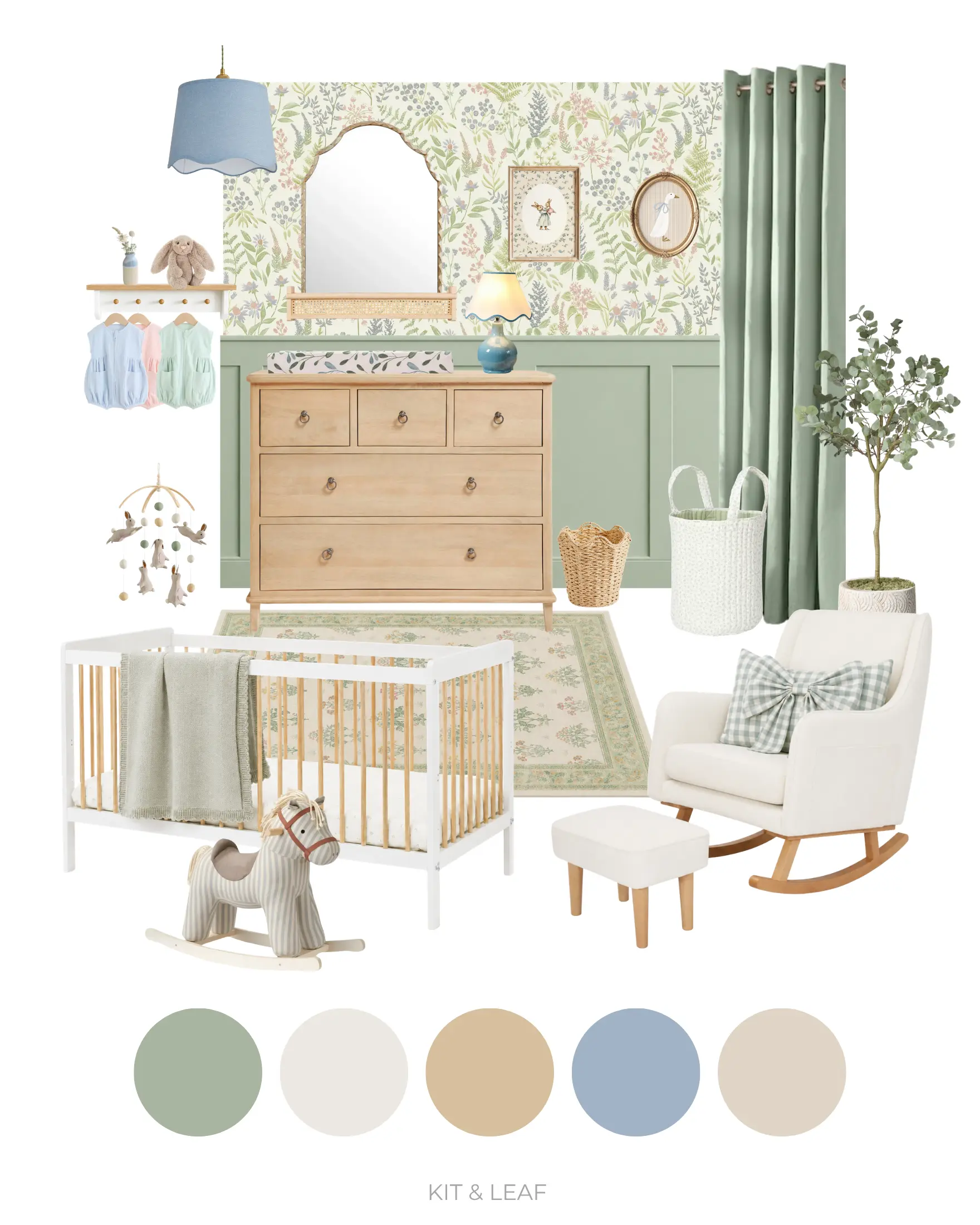 Girl nursery ideas not pink – floral sage green nursery moodboard with botanical wallpaper, shaker style wall panelling, natural wood furniture, soft blue accents and vintage details.