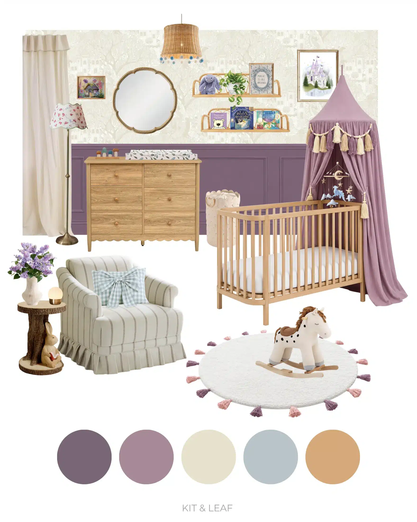 Girl nursery ideas not pink – lavender storybook nursery moodboard with purple panelling, natural wood furniture, whimsical decor and a lilac cot canopy.