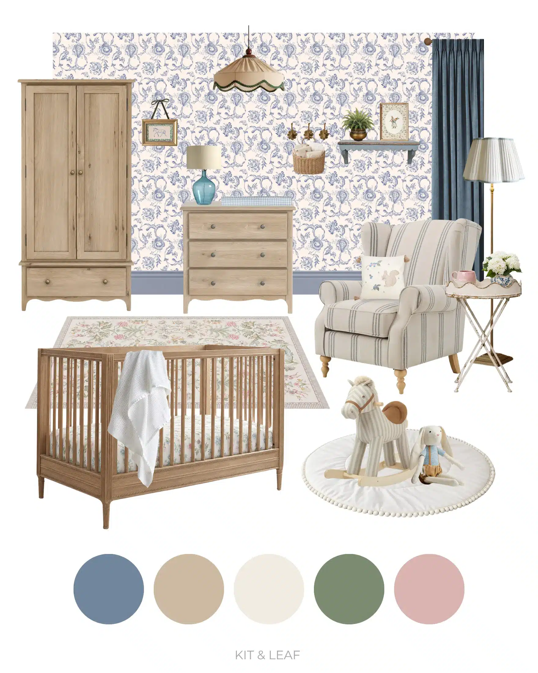 Girl nursery ideas not pink – vintage blue nursery moodboard with blue botanical wallpaper, limewashed wood furniture, sage green details and soft pink accents.