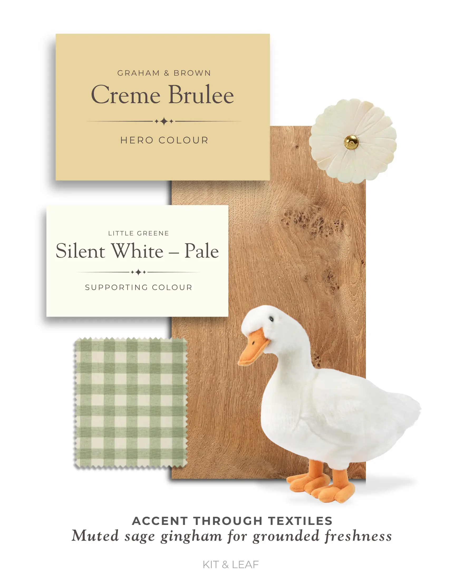 Butter yellow nursery paint scheme with Creme Brulee, Silent White Pale, light oak and muted sage green gingham accents.