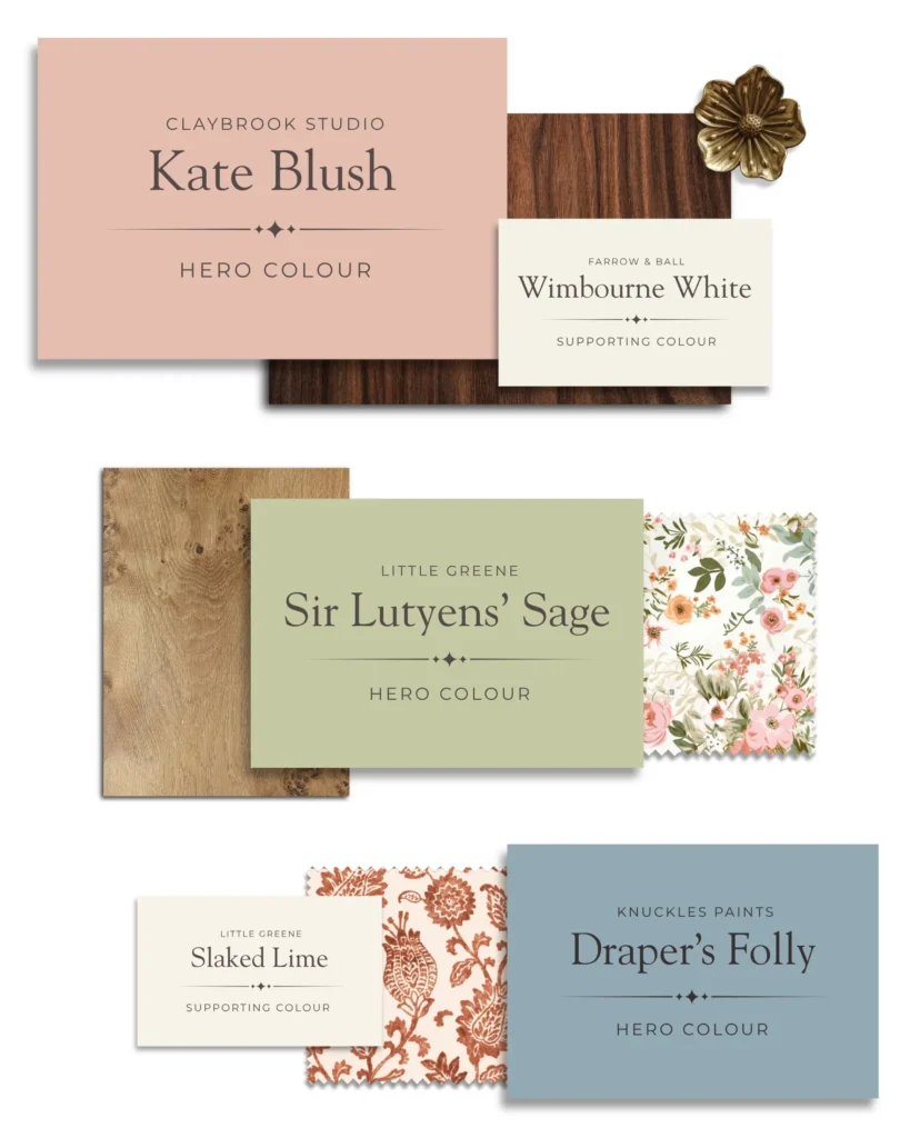 Three girl nursery paint ideas featuring plaster pink, soft pistachio green and powder blue, paired with warm wood tones, neutrals and patterned textiles.