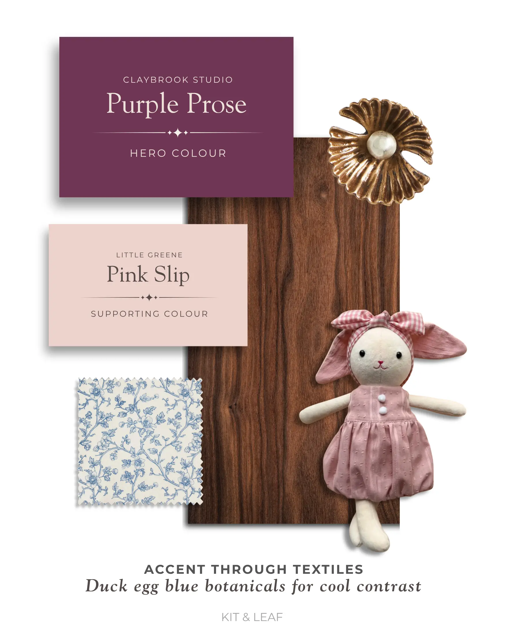 Girl nursery paint scheme with Purple Prose, Pink Slip, dark walnut wood and duck egg blue botanical accents.