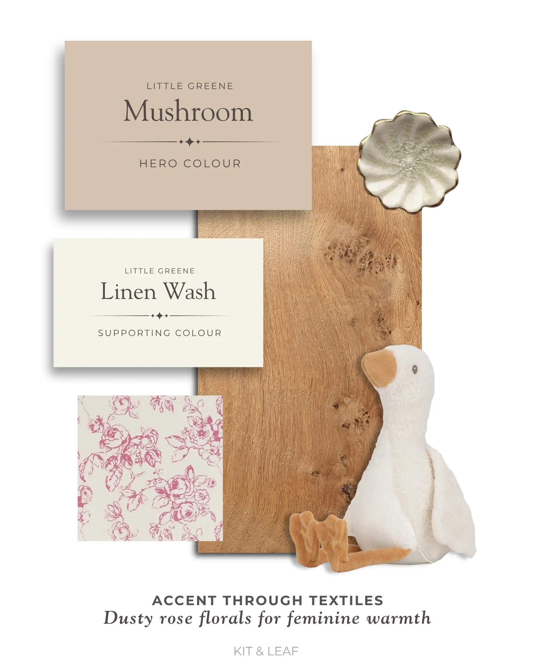 Mushroom nursery paint palette with a Linen Wash supporting colour, a light oak wood tone and dusty rose floral accents.