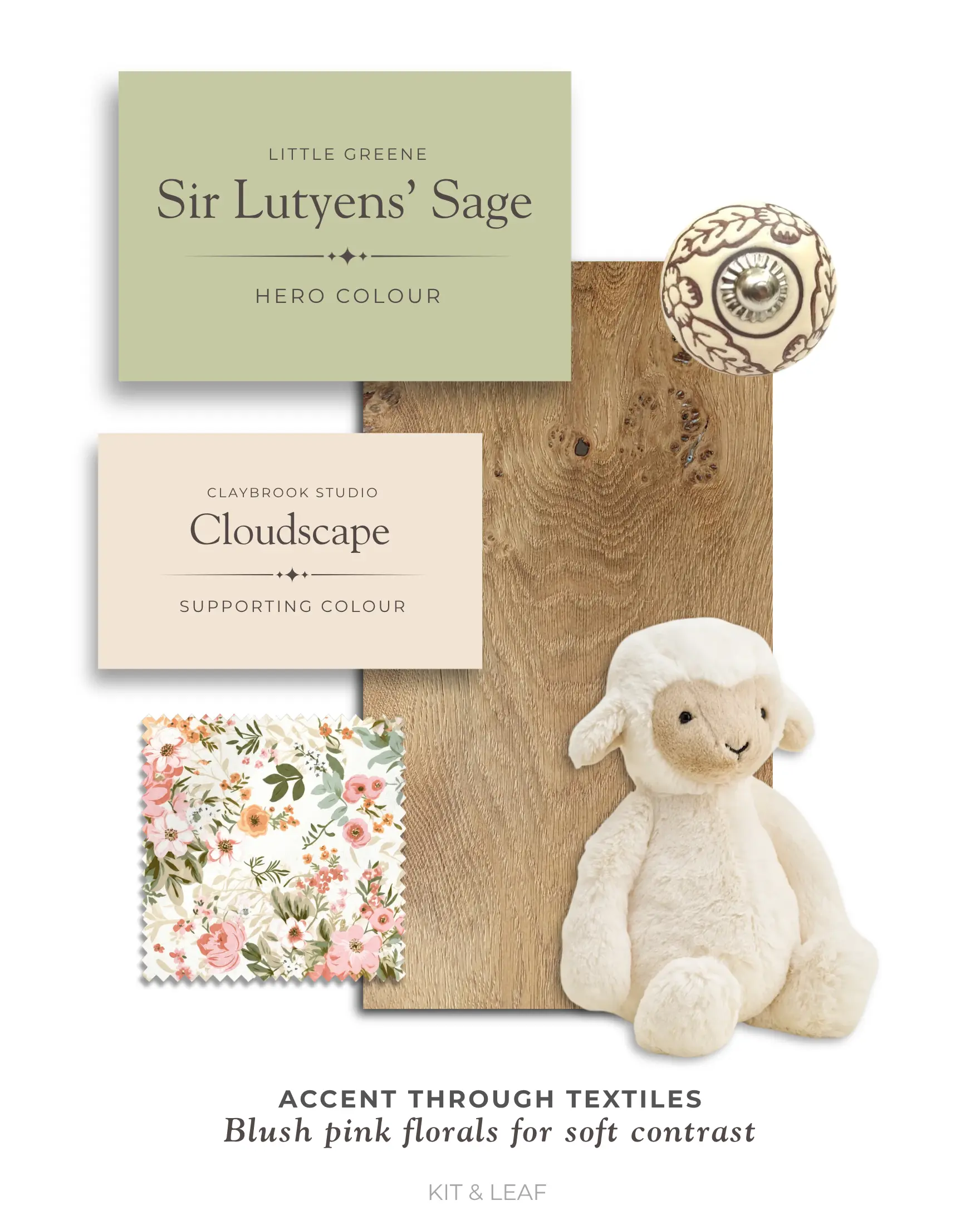 Pistachio green girl’s nursery colour scheme with Sir Lutyens’ Sage, Cloudscape, natural oak and blush pink floral accents.