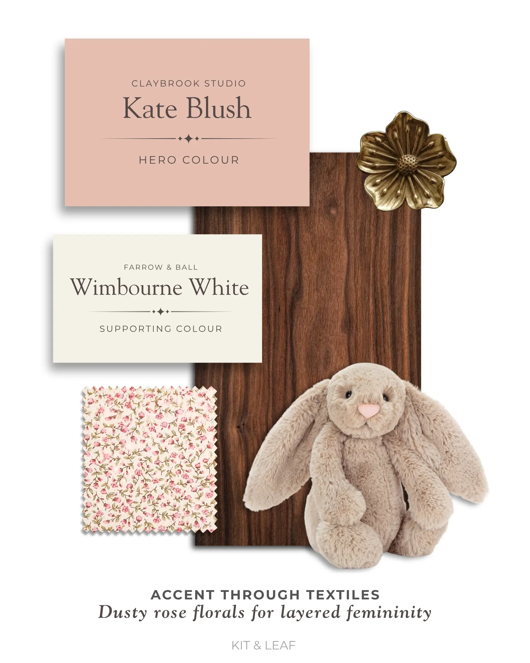 Plaster pink girl’s nursery decorative palette, with Kate Blush and Wimborne White paints, dark walnut wood and dusty rose floral accents.