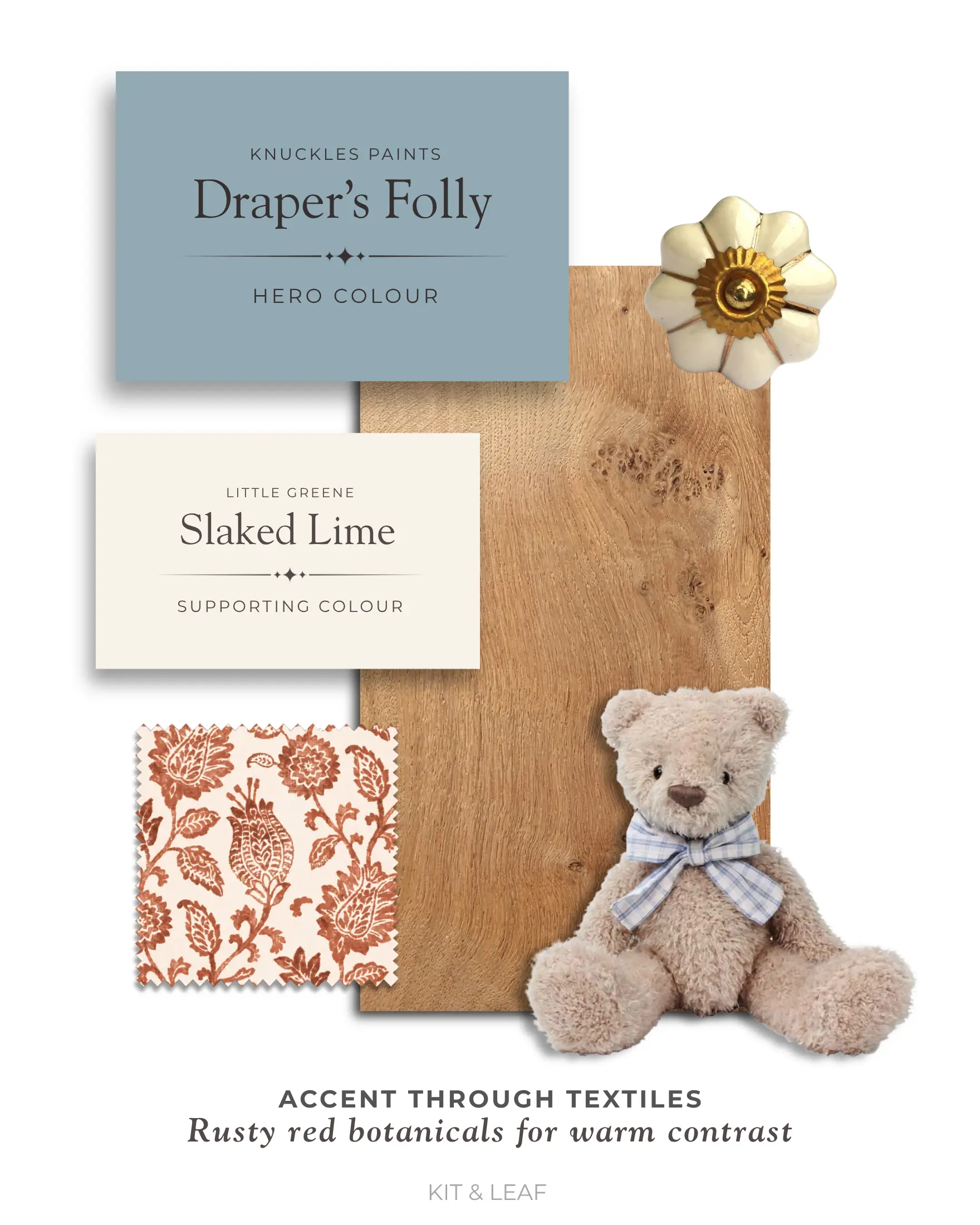 Powder blue girl nursery paint idea with Draper’s Folly, Slaked Lime, light oak and rusty red botanical accents.