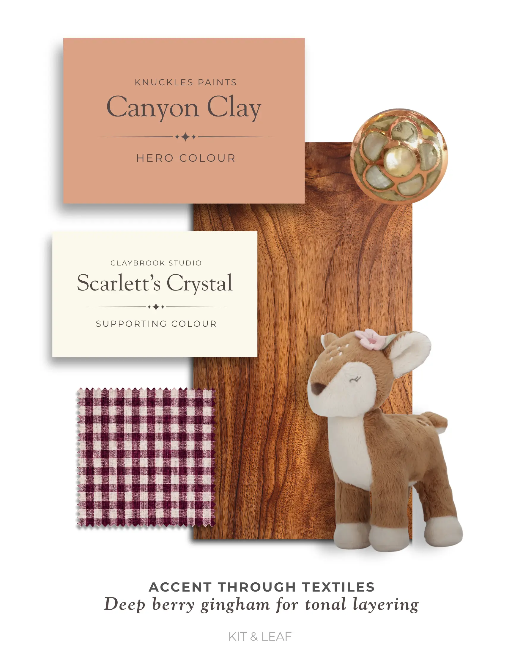 Soft clay nursery colour scheme with Canyon Clay, Scarlett’s Crystal, warm wood and deep berry gingham accents.
