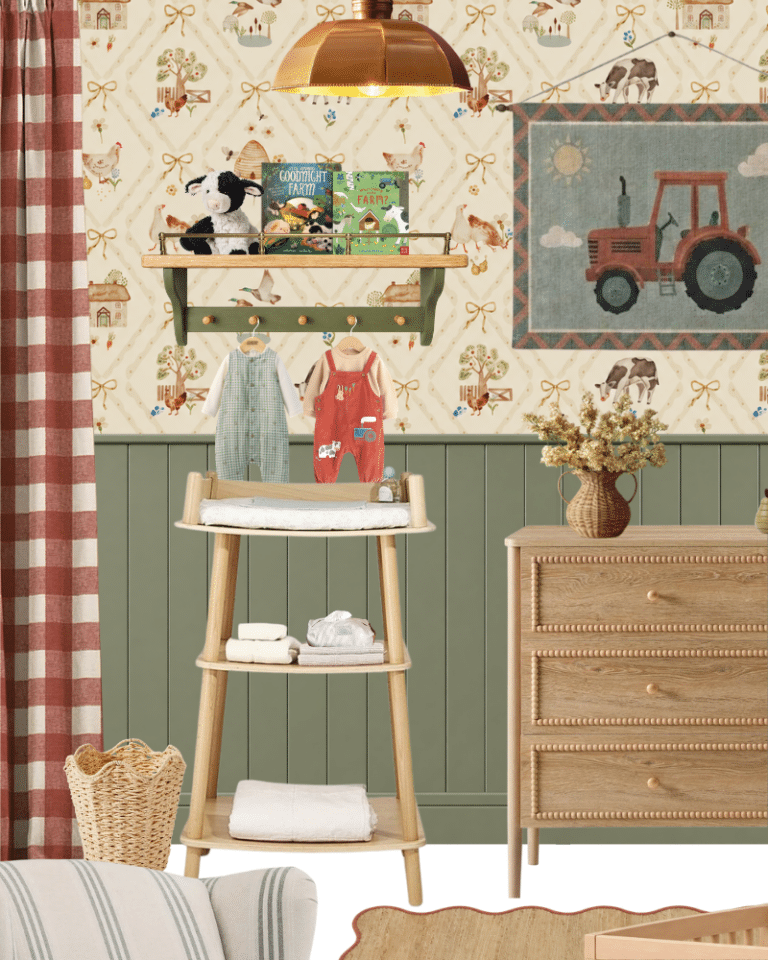 Section of a farm animal nursery ideas moodboard inspired by a vintage farmyard, with farm scene wallpaper, sage green panelling, rust gingham curtains, wooden furniture and a collected, rustic country décor.