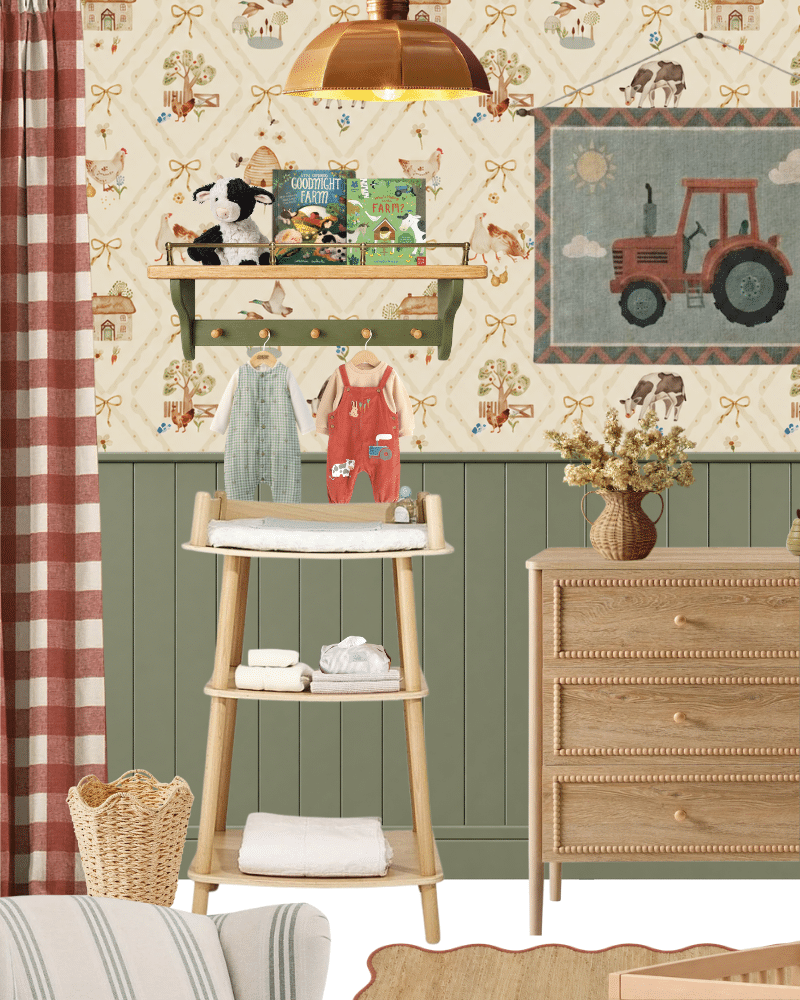 Section of a farm animal nursery ideas moodboard inspired by a vintage farmyard, with farm scene wallpaper, sage green panelling, rust gingham curtains, wooden furniture and a collected, rustic country décor.