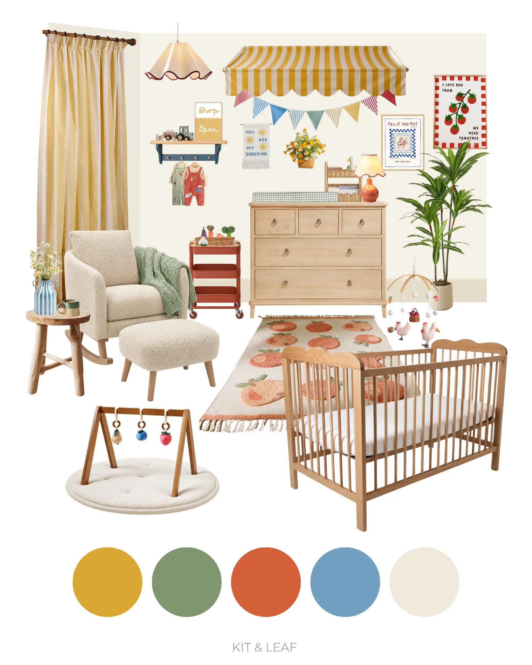 Farm animal nursery ideas moodboard featuring a bright and colourful farmer's market theme with a wooden cot, striped canopy, produce-inspired décor, bunting, peach rug and warm vintage accents.