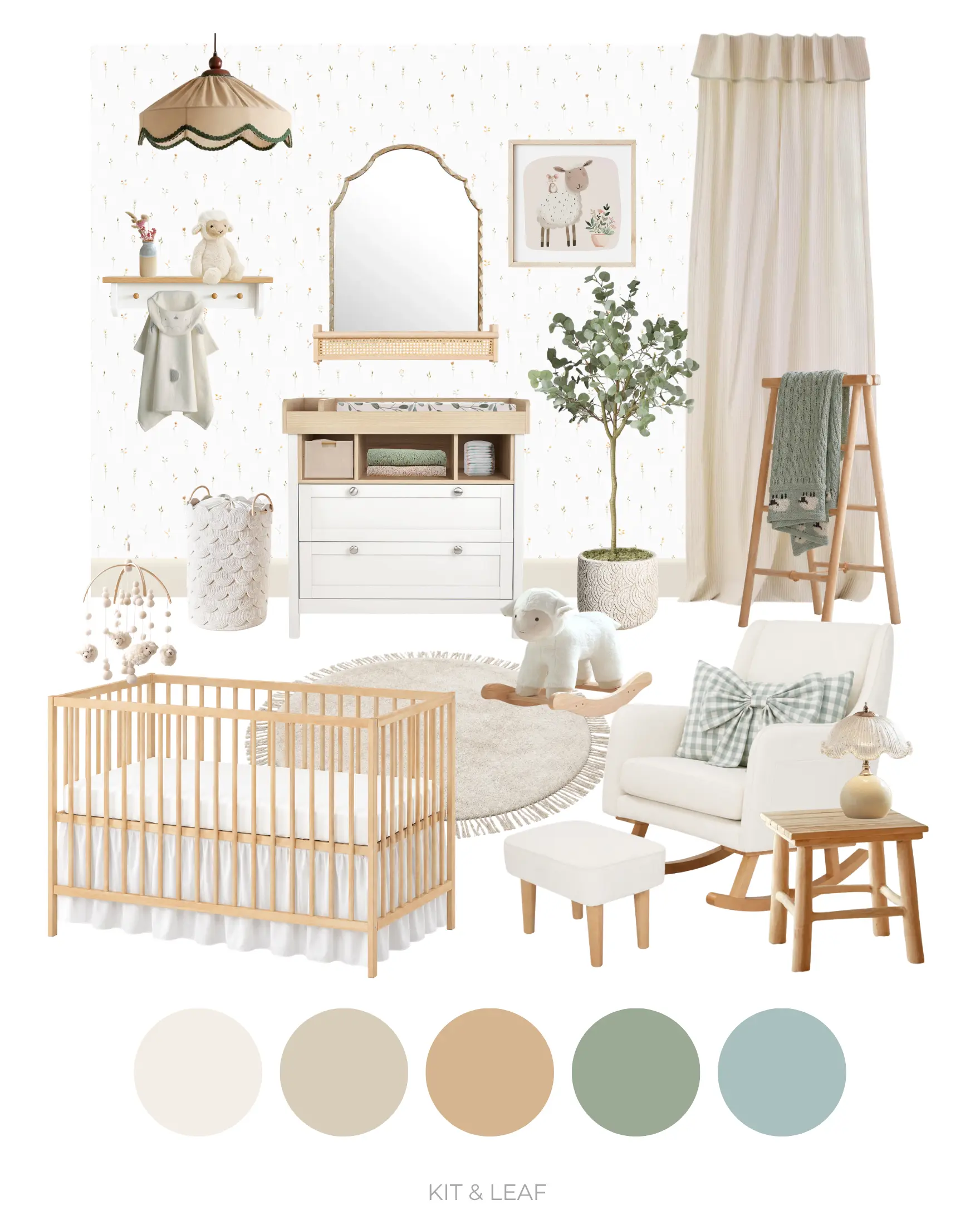Farm animal nursery ideas moodboard with a soft Little Lamb theme featuring a natural wood cot, sheep artwork, sage green accents, cream furnishings, floral sprig wallpaper and cosy nursery décor.