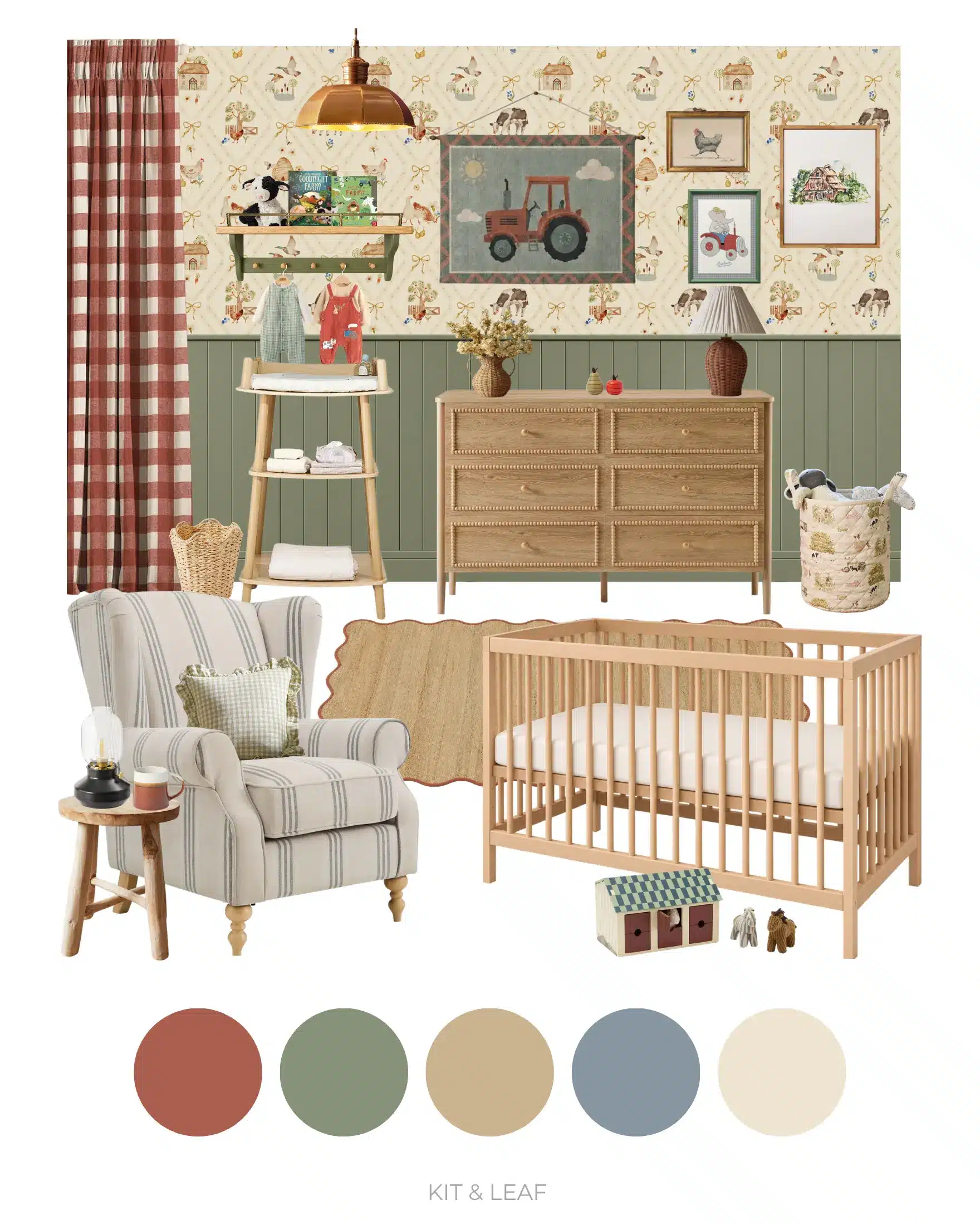 Farm animal nursery ideas moodboard inspired by a vintage farmyard, with farm scene wallpaper, sage green panelling, gingham curtains, wooden furniture and rustic country décor.